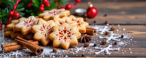 Warm Christmas background featuring assorted spiced cookies and aromatic cinnamon sticks, star anise, and cloves against a rustic wooden surface, food, star anise, gingerbread