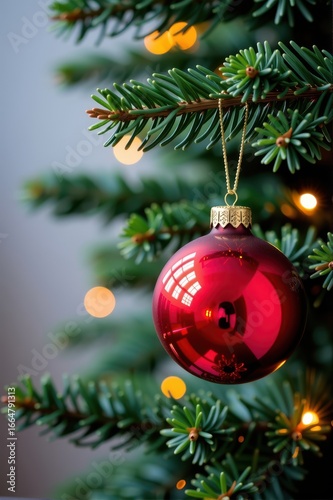 A vibrant red Christmas bauble hangs from the branches of a lush green fir tree, its glossy surface reflecting the festive light.