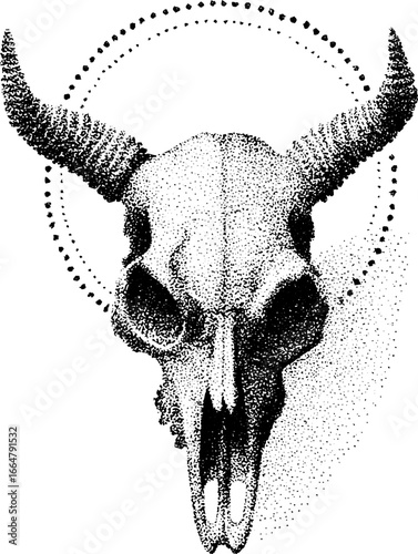 Monochrome stippling art of demonic skull with horns for tattoo design