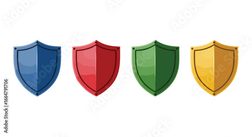 Colorful heraldic shields showcasing blue, red, green, and yellow, emblems of protection and security, arranged in a clear graphic design,