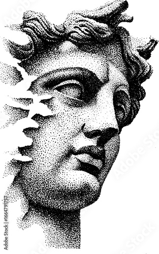 Stipple dotwork vertical illustration of fragmented classical sculpture