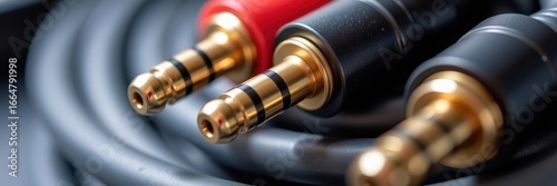 Extreme close-up of audio cable connectors, intricate wiring and metallic details visible.