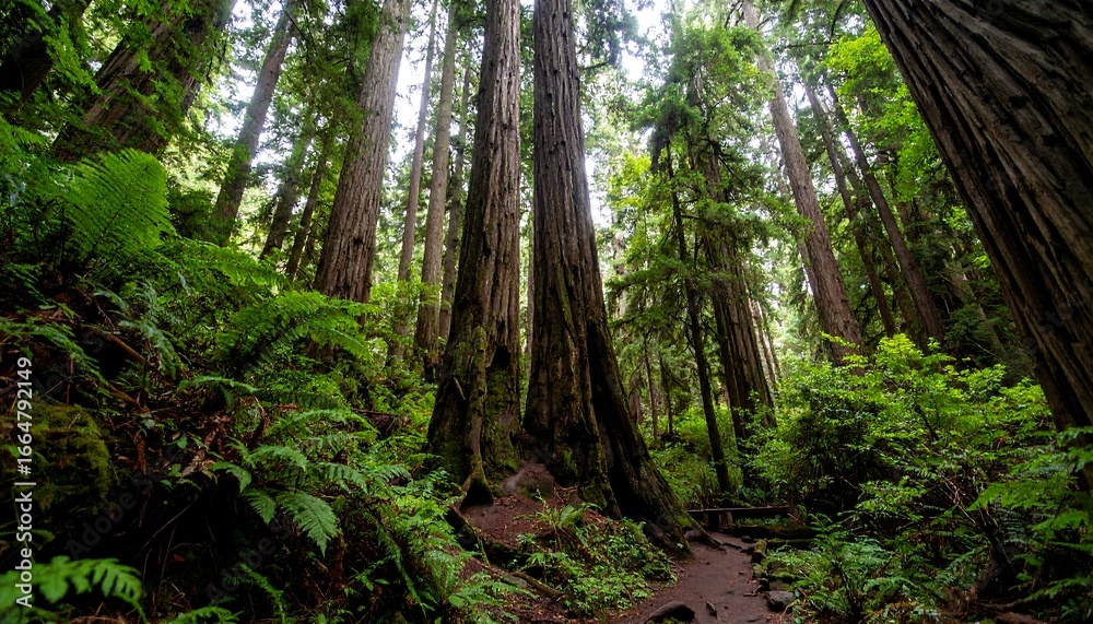 Fototapeta premium Lush green forest floor beneath towering redwood trees creates a serene and mysterious atmosphere.