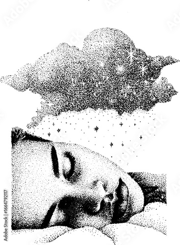 Peaceful sleep under starry cloud stipple art - dreamlike night scene
