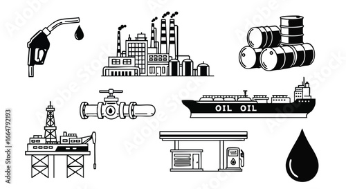 Petroleum industry outline symbols displaying drilling platform, refinery, tanker, fuel nozzle and service station showcasing energy market processes