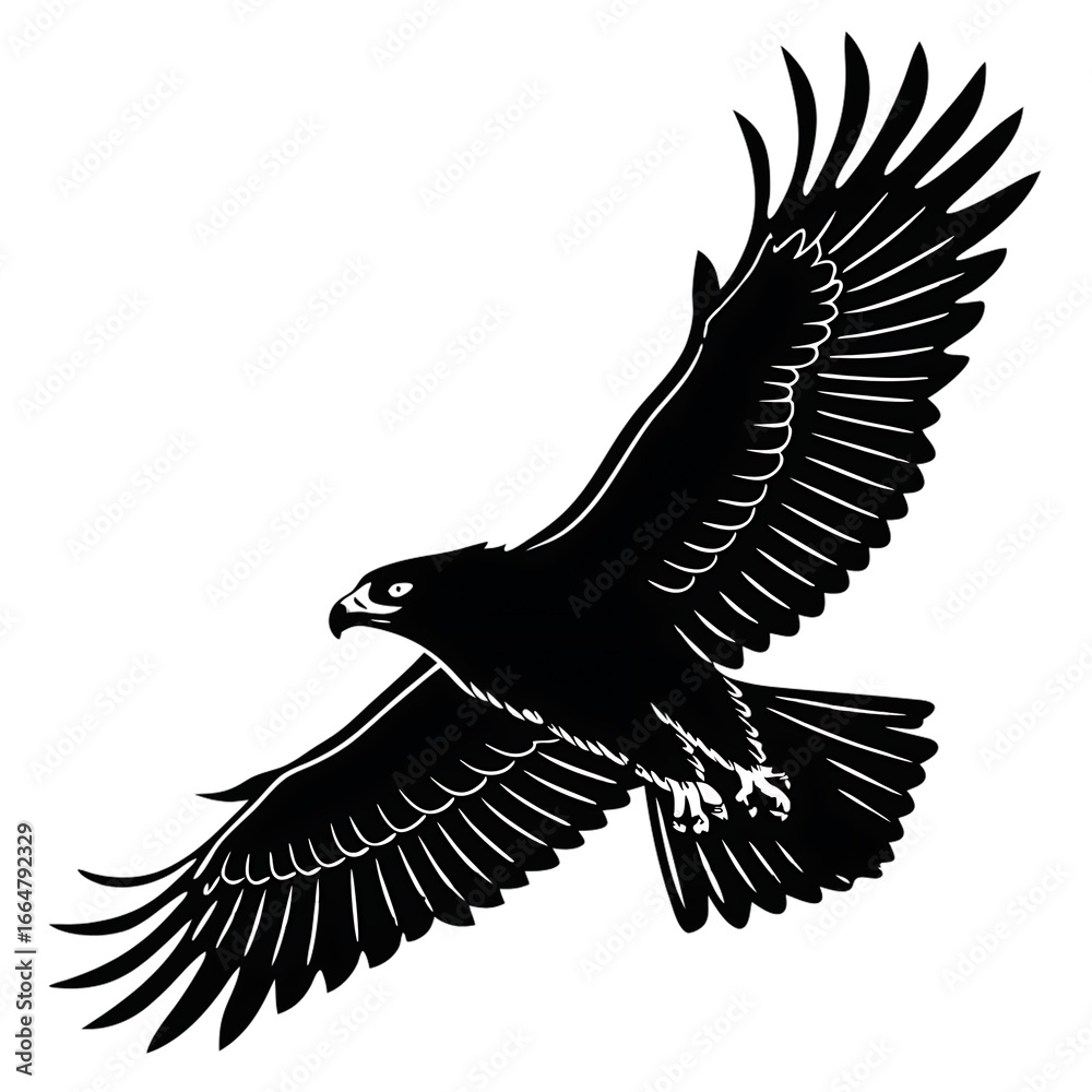 Obraz premium A powerful black silhouette of an eagle in midflight, with its wings spread wide and detailed feathers, soaring against a stark transparent background, symbolizing freedom and strength