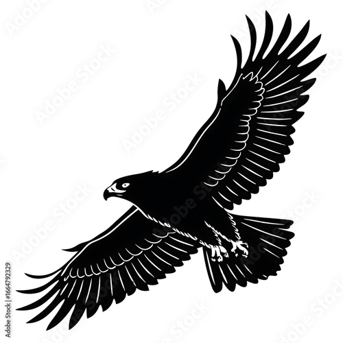 A powerful black silhouette of an eagle in midflight, with its wings spread wide and detailed feathers, soaring against a stark transparent background, symbolizing freedom and strength