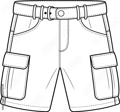 Men's Cargo Shorts Flat Sketch Technical Drawing Vector Illustration CAD, Apparel Design Template with Side Pockets, Belted Waistline