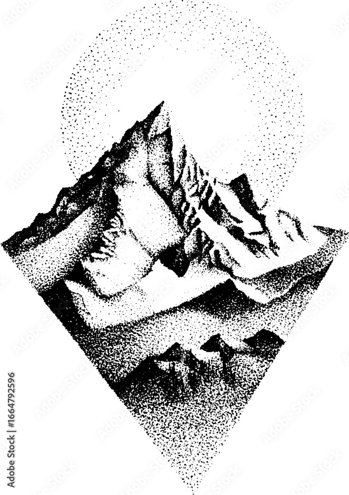 Obraz premium Stipple dotwork vertical illustration of mountain peaks and sun design for print