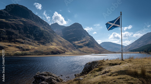 Scottish flag waving on highland landscape