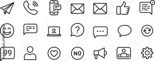 Message icons, communication symbols, phone and email outline, chat bubbles, social media feedback, user profile, settings gear, smile emoji vector