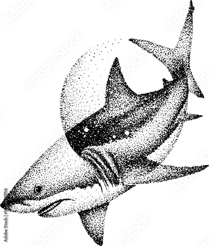 Stippling dotwork shark art - unique tattoo design and nautical theme