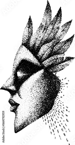 Mystical shaman profile in stippling dotwork - vintage artwork for wall decor