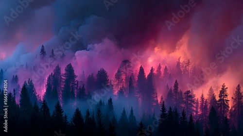 Intense Forest Fire in Mountainous Region with Thick Smoke and Spreading Flames