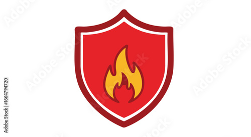 Stylized fire emblem: fiery protection badge with vibrant red shield and dynamic flame depiction representing security and strength against threats