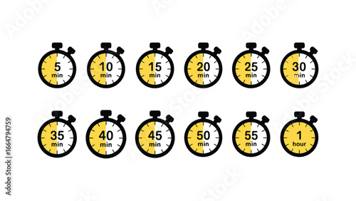 stopwatch illustration with countdown timer icons showing minutes and hour measurement
