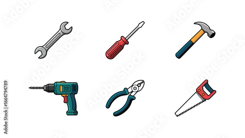 tools illustration with wrench screwdriver hammer drill pliers and saw icons
