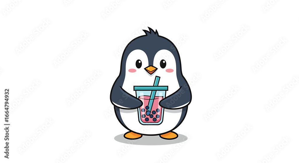 Fototapeta premium A delightful and charming cartoon penguin clutching a cup of bubble tea, showcasing a cute animal enjoying a popular beverage