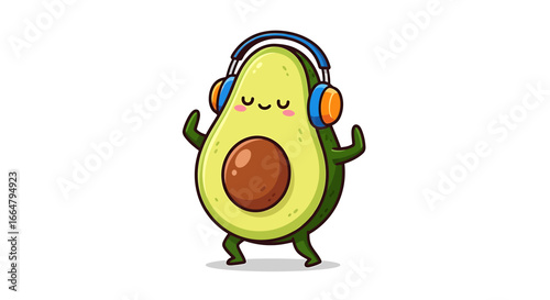 A cute kawaii avocado character listening to music on headphones and dancing joyfully, a happy fruit mascot vector illustration on a white background