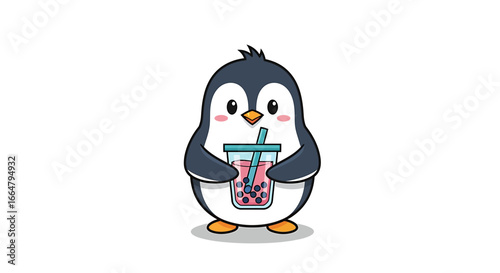 A delightful and charming cartoon penguin clutching a cup of bubble tea, showcasing a cute animal enjoying a popular beverage
