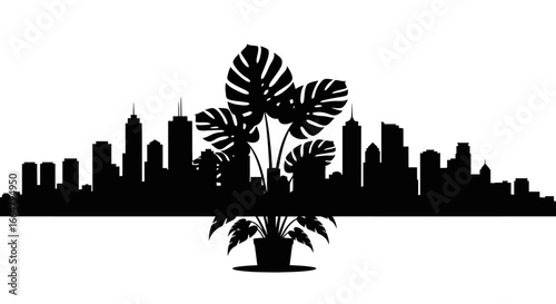 highresolution transparent background cityscape silhouette with monstera plant perfect for design projects digital compositions