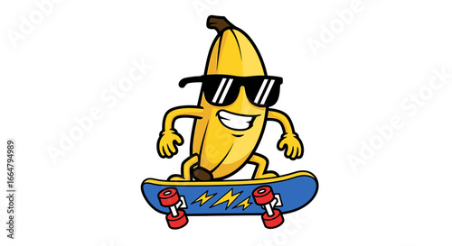 A cool and happy cartoon banana character wearing sunglasses while skillfully riding a blue skateboard, representing a fun and active lifestyle