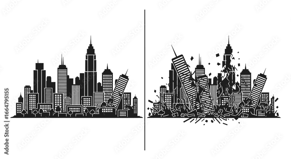 Obraz premium highresolution transparent background cityscape illustration intact city vs destroyed city perfect for disaster movie posters game design and more
