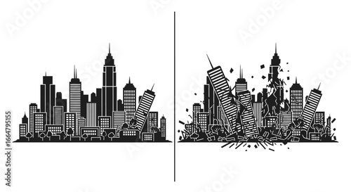highresolution transparent background cityscape illustration intact city vs destroyed city perfect for disaster movie posters game design and more