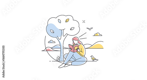 Serene Moment A Woman Finding Solace Under a Tree While Engrossed in a Book