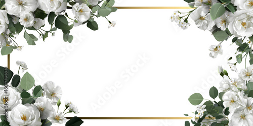 Elegant white flower green leaf gold frame