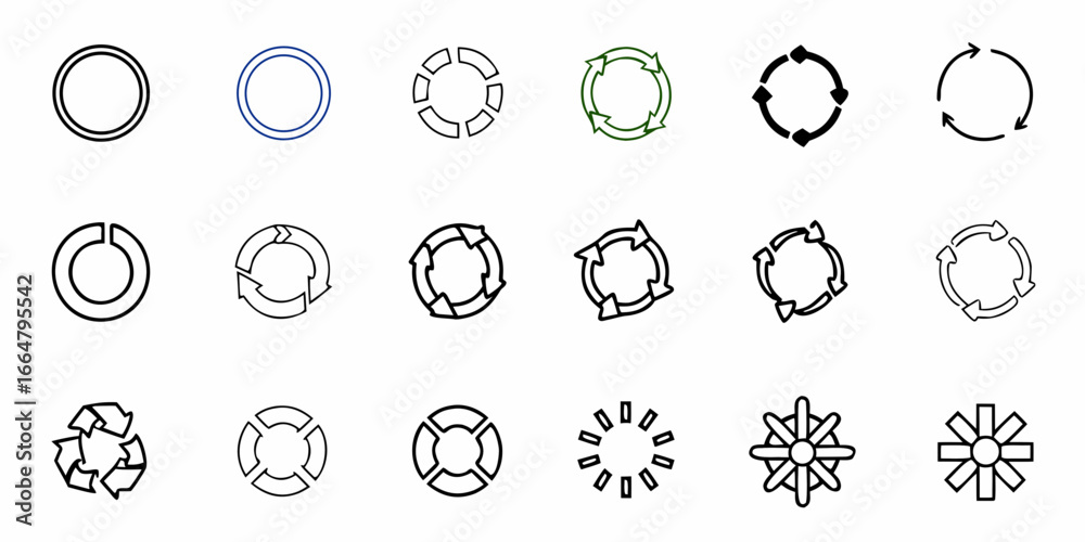 Fototapeta premium Illustration featuring a variety of circular arrows and recycle symbols in different orientations and designs