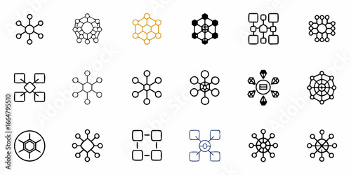 Illustration of fifteen abstract network connection diagrams in various styles and configurations