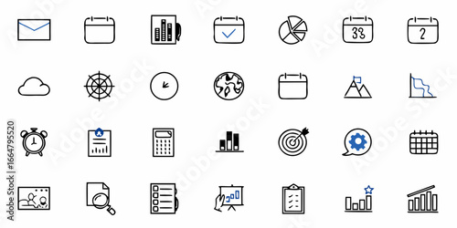 Collection of business icons including calendar, charts, email, gears, and other office related symbols