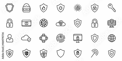 Collection of security icons featuring shields locks and other related safety symbols in outline style