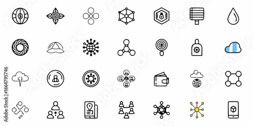 Collection of twenty four unique line art icons depicting various abstract concepts and technologies