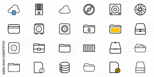 Collection of computer and storage icons including cloud server folder and database representation