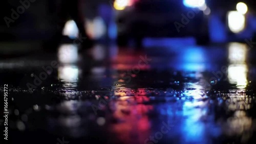 Slow motion police lights reflecting on wet asphalt at night, cinematic crime scene mood