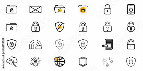 Collection of security icons featuring locks folders shields and network elements in a simple style