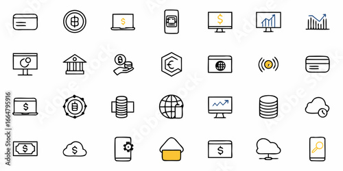 Illustration of various financial and technological icons representing digital transactions and banking