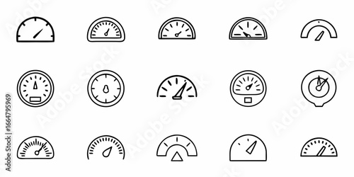 Illustration of various speedometer and gauge icons in a line art style showing measurement indicators