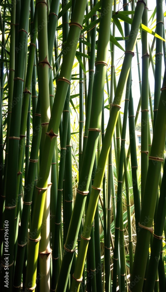 Fototapeta premium Lush green bamboo stalks form a dense, textured fence background, ideal for nature-themed designs. Sunlight filters through creating dappled shadows.