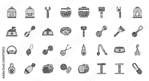 Diverse collection of monochromatic pet care and accessory icons emphasizing utility and companionship for a variety of domestic animals