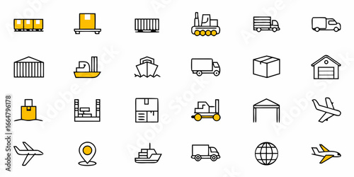 Collection of transportation and logistics icons depicting various shipping methods and facilities
