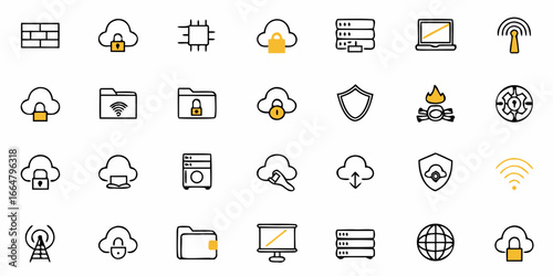 Collection of network and security icons featuring clouds, servers, and security measures designs