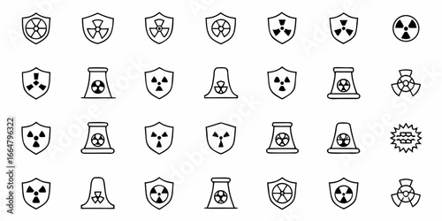 Collection of nuclear radiation hazard symbols including shields, towers, and general warning icons set in rows