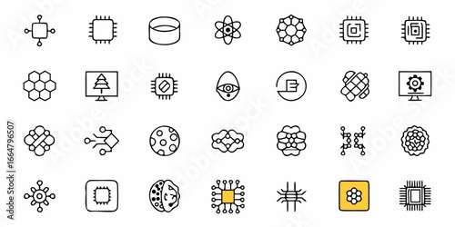 Collection of various technology and science related icons in a minimalist line art style design element
