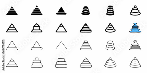 Illustration showing a variety of different stacking ring toy designs and triangle shapes in black and blue