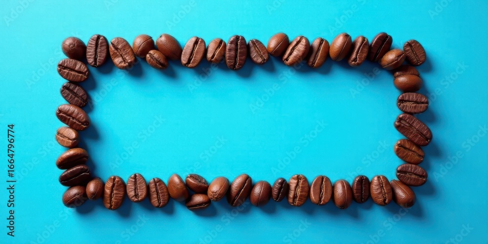 Obraz premium A vibrant rectangle composed of aromatic coffee beans, arranged meticulously against a bright blue backdrop, creates a captivating visual border.