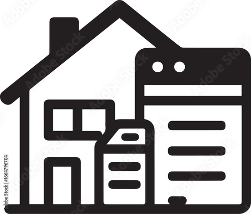 Smart home technology icon, house silhouette with connected devices and digital control interface, black symbol isolated on white background for home automation, IoT, and modern living design
