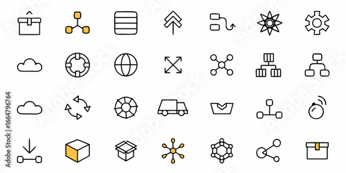 Collection of various line art icons including boxes networking and transport symbols in a grid layout